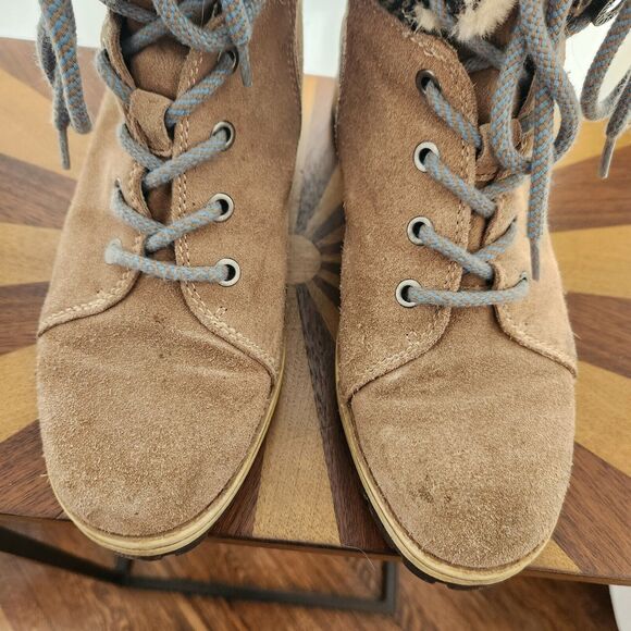 AK Sport Ankle Boots Womens US 8 Beige Suede Leather Faux Fur Warm Casual Lace - Picture 4 of 12